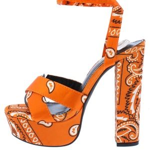 Bandana Orange Fabric Ankle Strap Block Heel